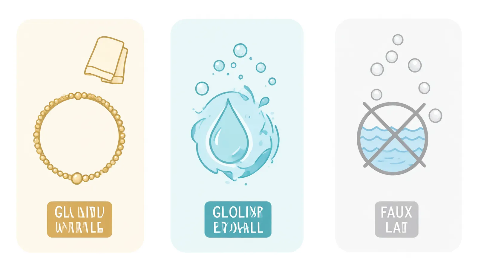 schmuck reinigen - Clean flat-design infographic diagram showing three distinct material categories (gold-plated copper, glass crystals, faux pearls) and their corresponding safe cleaning methods indicated by simple icons like a soft cloth, mild soap drop, and a crossed-out water symbol, using muted gold, teal, and gray color zones on a white background