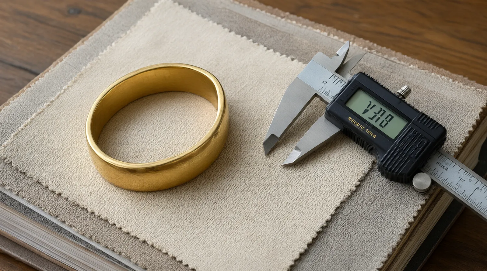 wholesale jewelry and - Editorial conceptual photo of a buyer's workspace: a physical sample of a thick 18k gold-plated brass cuff bracelet resting on top of a printed commercial invoice and a fabric swatch book, next to a digital caliper measuring the bracelet's width. Natural diffused lighting, authentic documentary feel, highlighting the tangible evaluation of wholesale jewelry materials and dimensions.