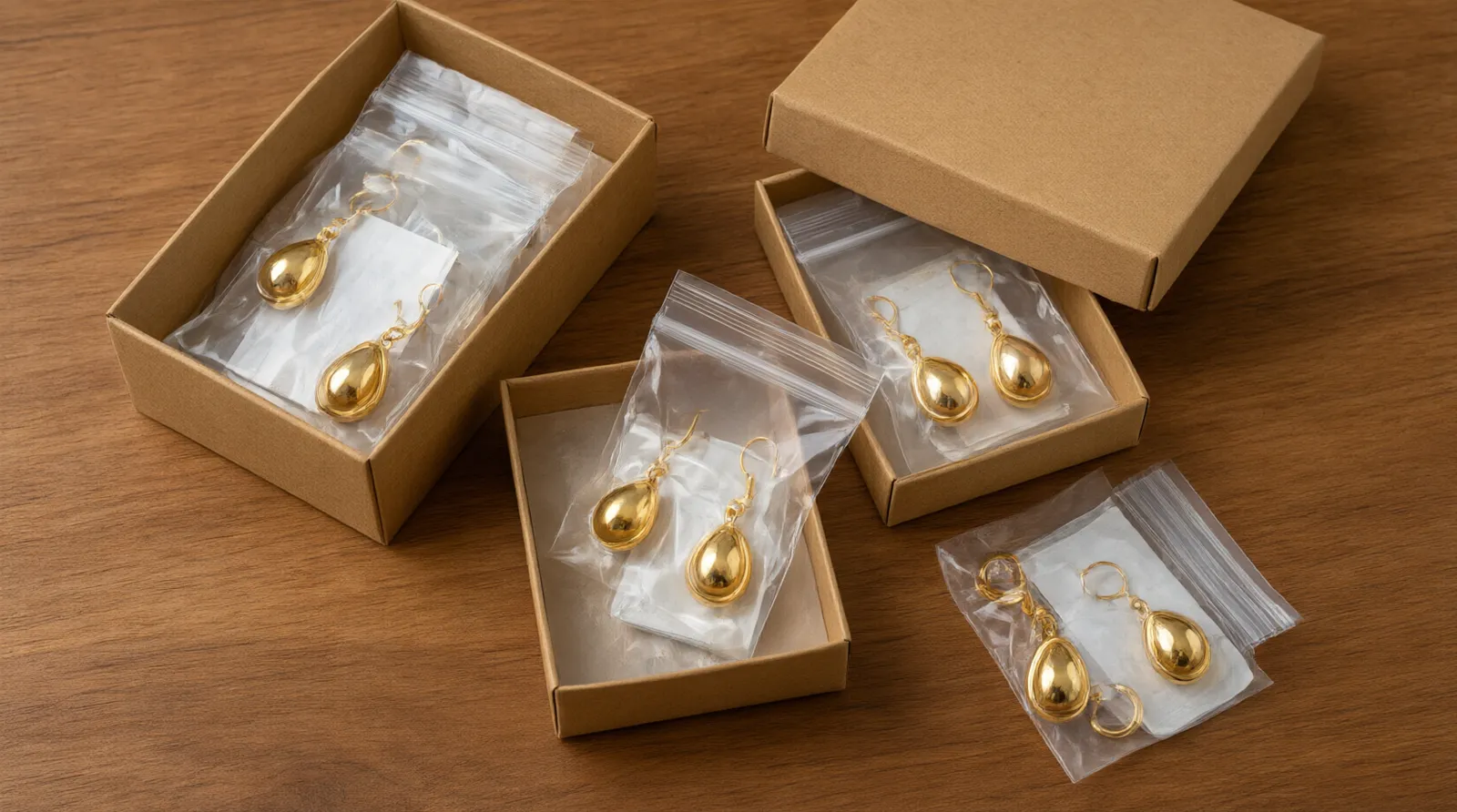 schmuck reinigen - Photorealistic top-down view of an organized jewelry storage setup for shipping: open kraft boxes containing individual gold-plated drop earrings sealed in small clear zip bags, anti-tarnish paper strips visible inside the bags, placed on a clean wooden table, soft diffused studio lighting