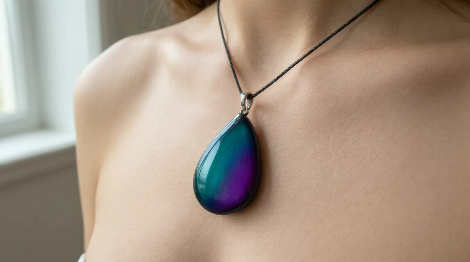 colors of mood necklace - Photorealistic close-up shot of a woman wearing a teardrop mood necklace resting on her collarbone, the pendant displaying a distinct gradient shifting from deep teal to violet, natural window lighting illuminating the thermochromic surface, shallow depth of field focusing strictly on the pendant