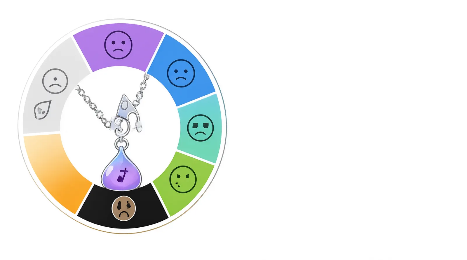 colors of mood necklace - Clean flat-design infographic showing a circular color wheel mapped to specific emotions, divided into six distinct zones (violet, blue, green, amber, gray, black) with simple minimalist icons representing each emotional state inside the zones, white background, no text labels