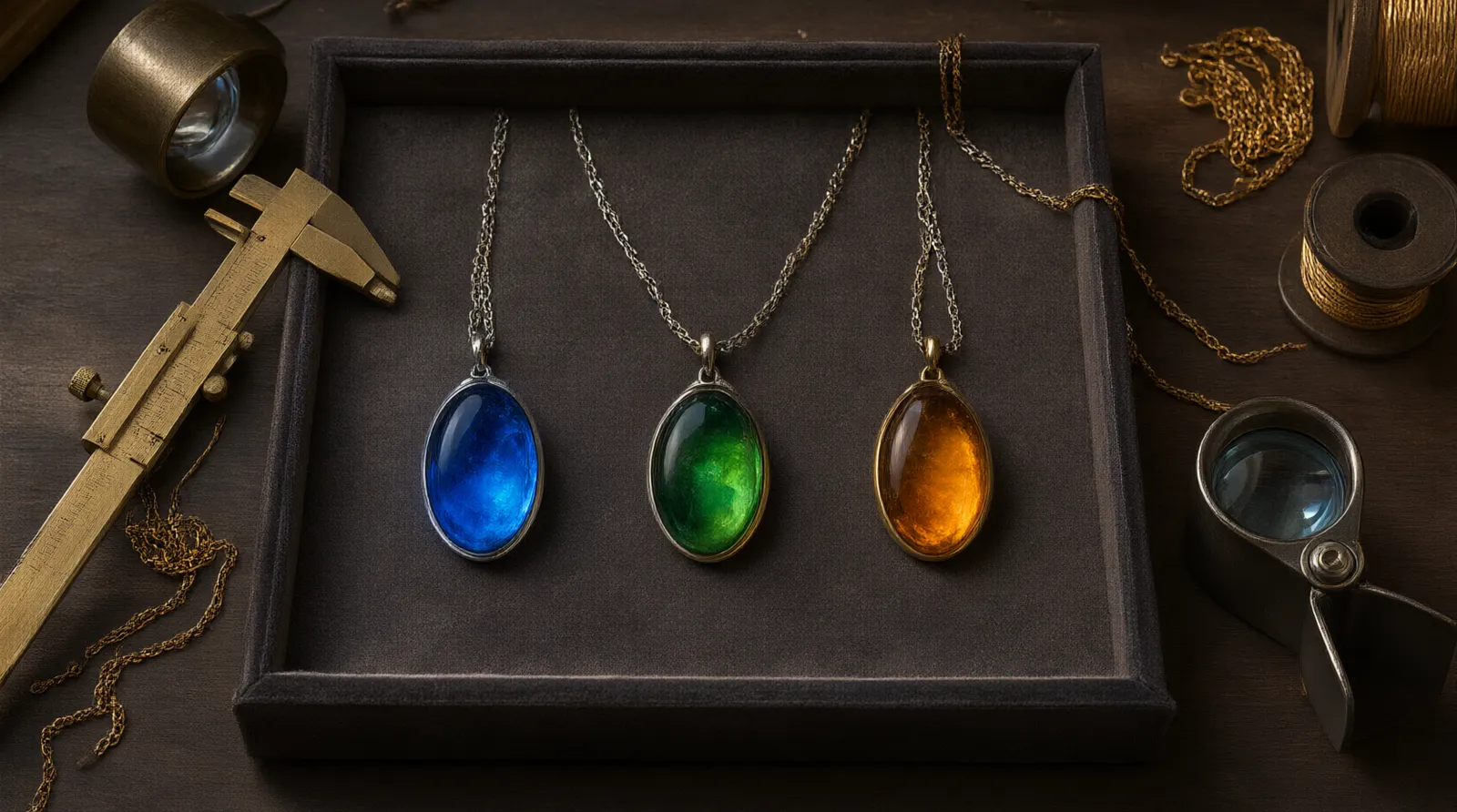 colors of mood necklace - Editorial conceptual photo showing a top-down arrangement on a wooden jeweler's desk: a velvet display tray holding three mood necklaces showing different color states (blue, green, amber), alongside a brass caliper measuring a pendant, a raw spool of gold chain, and a magnifying loupe, soft directional studio lighting highlighting the textures