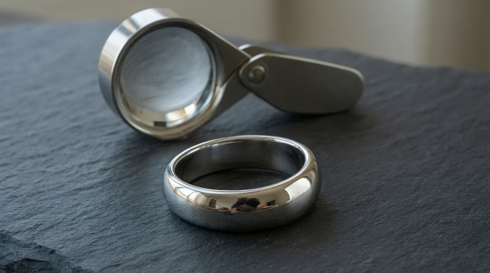 stainless steel ring - Photorealistic close-up shot of a polished stainless steel ring resting on a dark slate surface, natural window light reflecting off the smooth curved band, shallow depth of field blurring a jeweler's loupe in the background