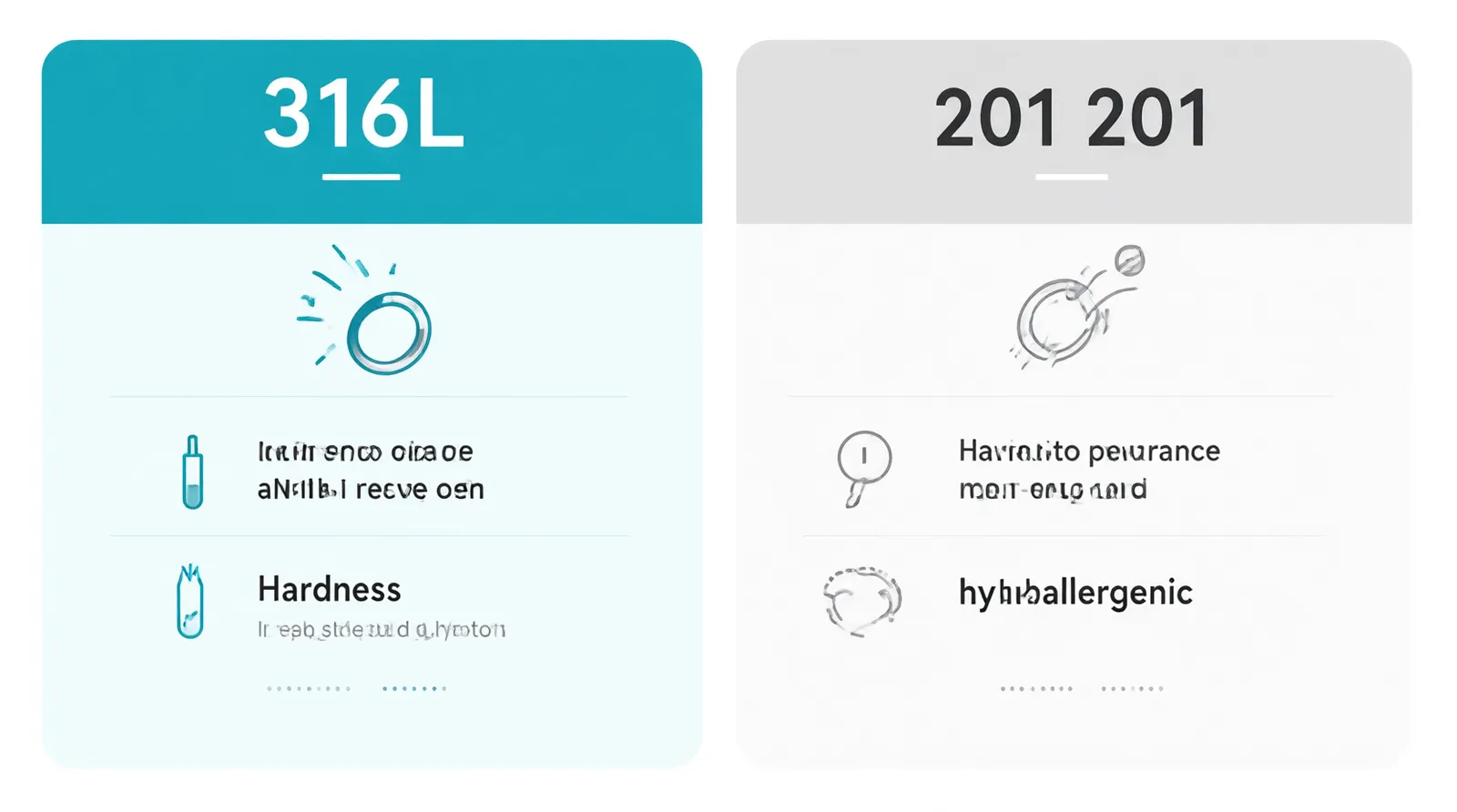 stainless steel ring - Clean flat-design infographic comparing 316L and 201 stainless steel ring properties, featuring distinct teal and gray color zones, simple icons representing corrosion resistance, hardness, and hypoallergenic traits, white background