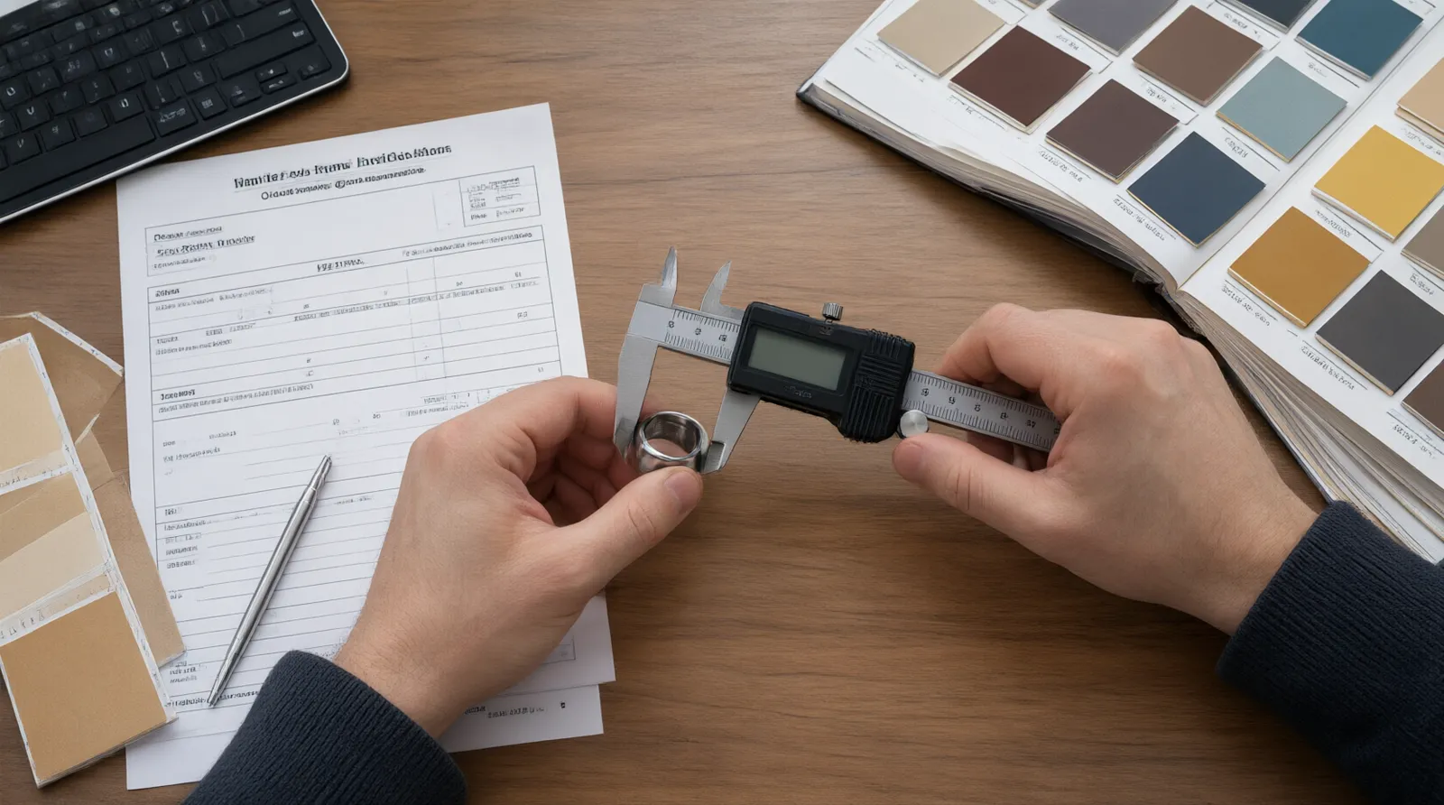 stainless steel ring - Photorealistic top-down view of a buyer's desk showing a stainless steel ring next to a digital caliper measuring its 2mm width, alongside a printed purchase order form and a Pantone color swatch book, soft overhead office lighting