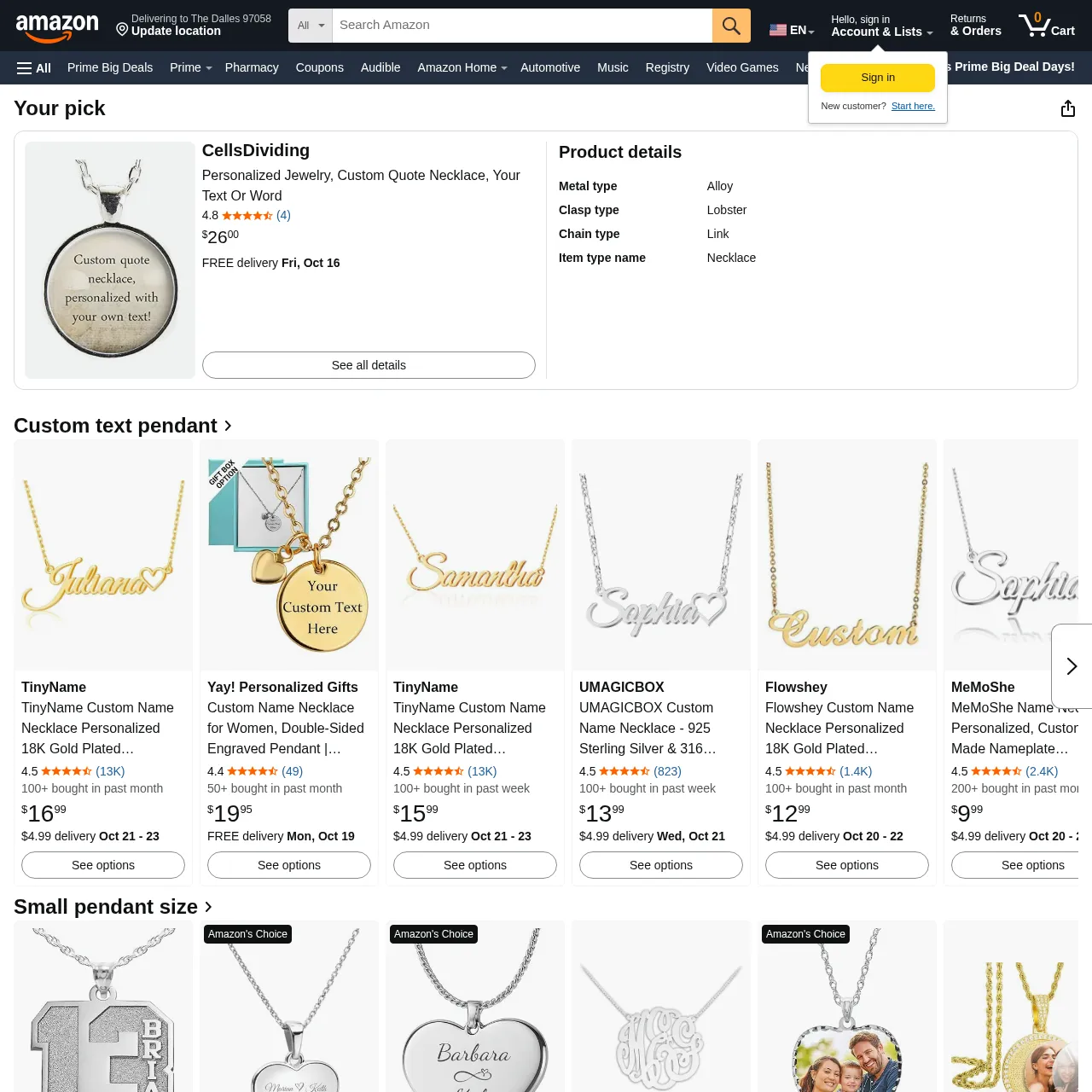 Amazon personalized custom quote necklace listing interface