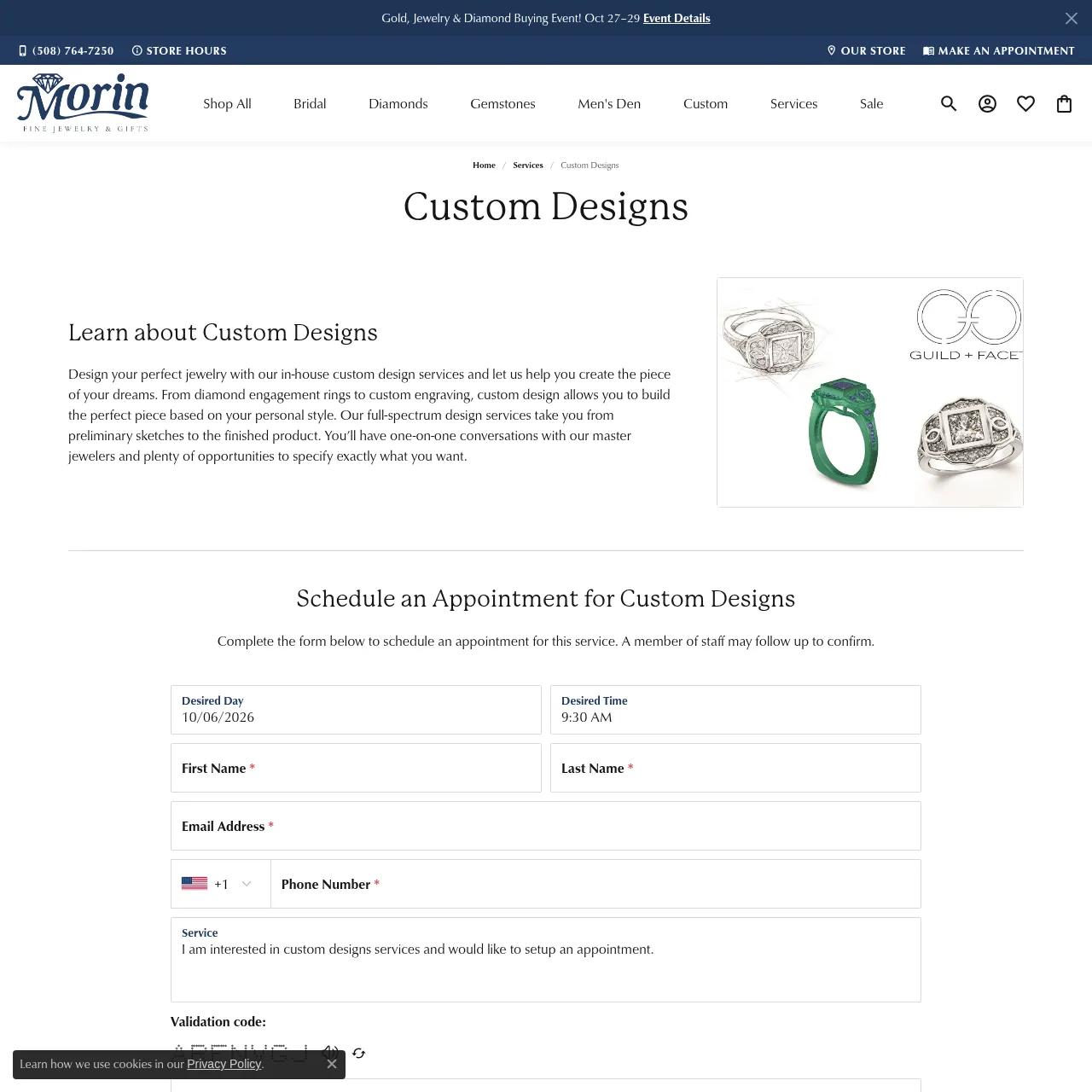 Morin Jewelers custom designs service page interface