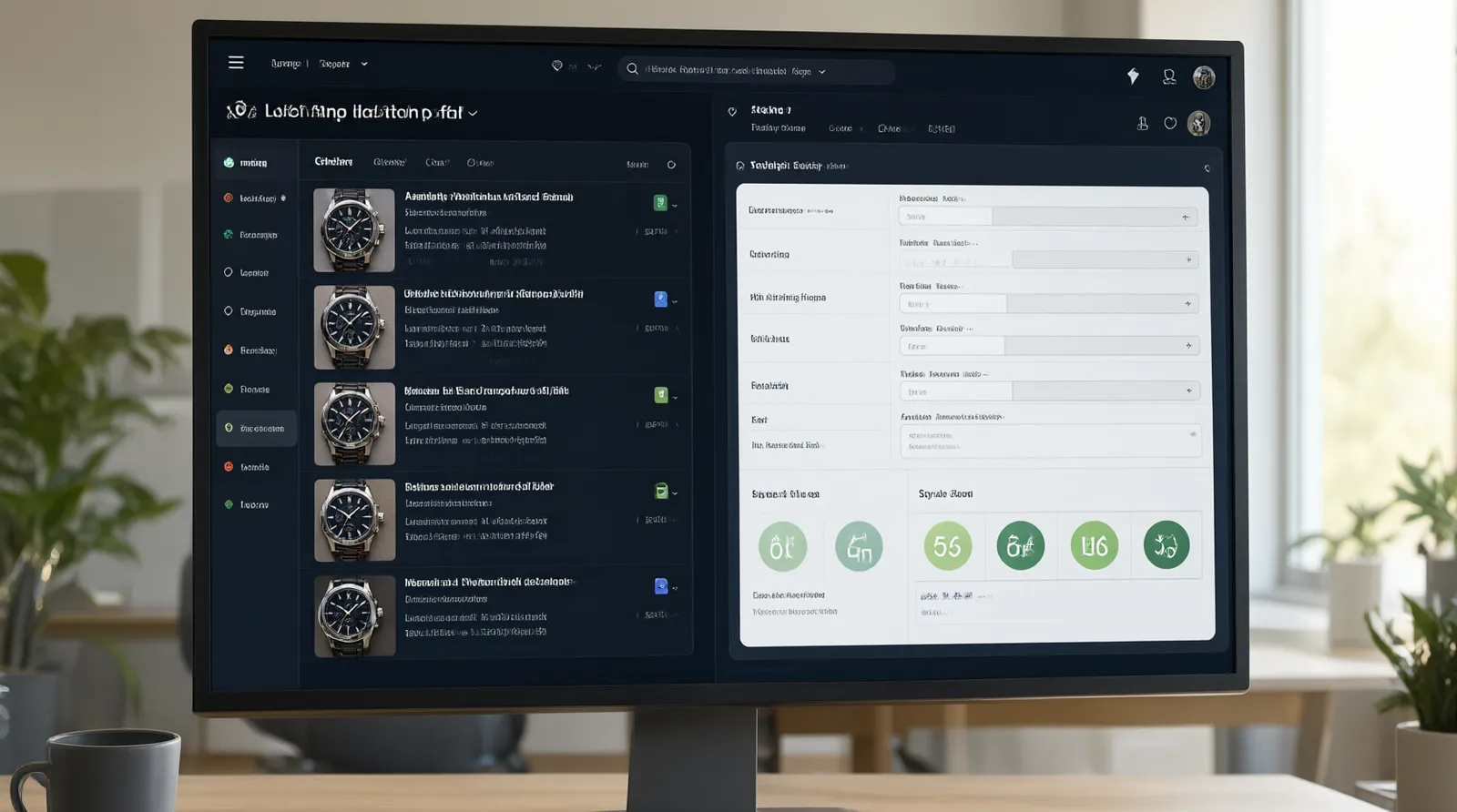 timepiece trading - An annotated UI mockup showing a side-by-side dashboard comparing a secondary market watch listing interface with a B2B sourcing portal displaying MOQ fields, factory audit scores, and sample request buttons