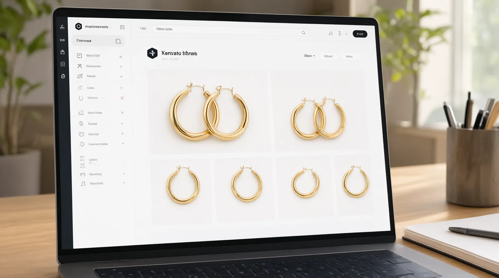 pendientes dorados grandes - Interfaz de usuario simulada de un portal de compras B2B mostrando filtros para seleccionar material (cobre bañado en oro, rodio), tipo de pendiente (aro, colgante, botón) y cantidad mínima de pedido