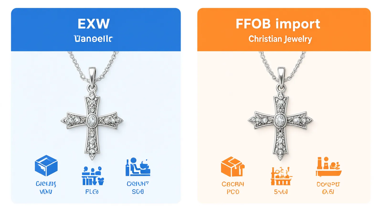 bijoux chrétiens - Tableau comparatif annoté montrant les différences de coûts pour un acheteur français entre les termes EXW et FOB, incluant les frais de port, de douane et de TVA pour l'importation de bijoux