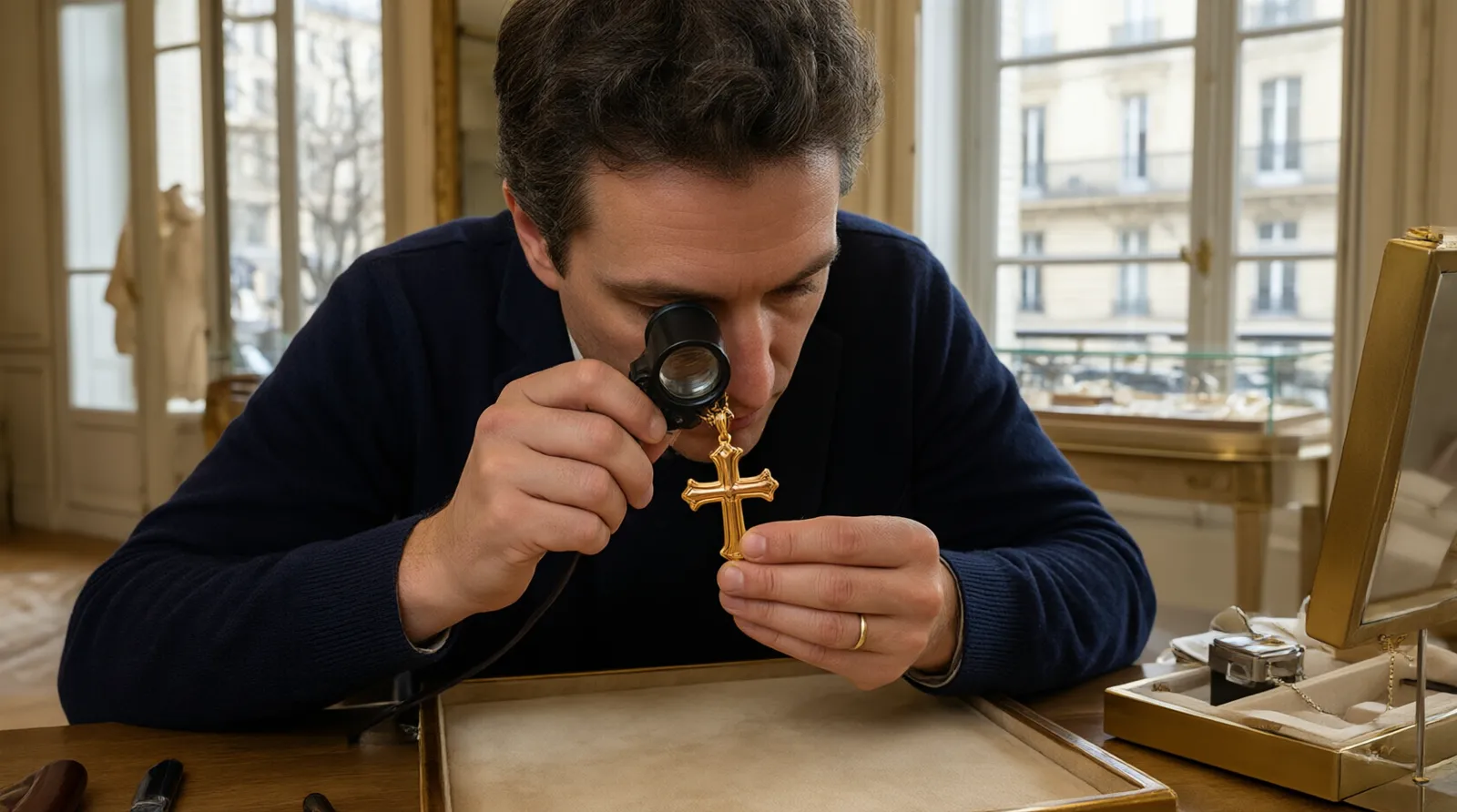 bijoux chrétiens - Scène photoréaliste d'une acheteuse professionnelle dans un showroom parisien examinant à la loupe les détails d'un pendentif croix en cuivre plaqué or et de boucles d'oreilles assorties