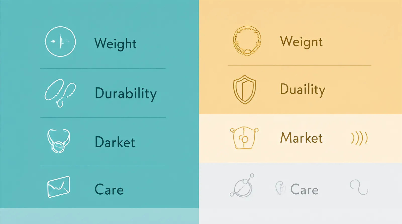 schmuck online kaufen - Clean flat-design infographic comparing three jewelry base materials (gold-plated copper, rhodium-plated copper, glass beads) across four criteria: weight, plating durability, ideal target market, and care instructions, using distinct teal, warm gold, and soft gray color zones with simple line icons