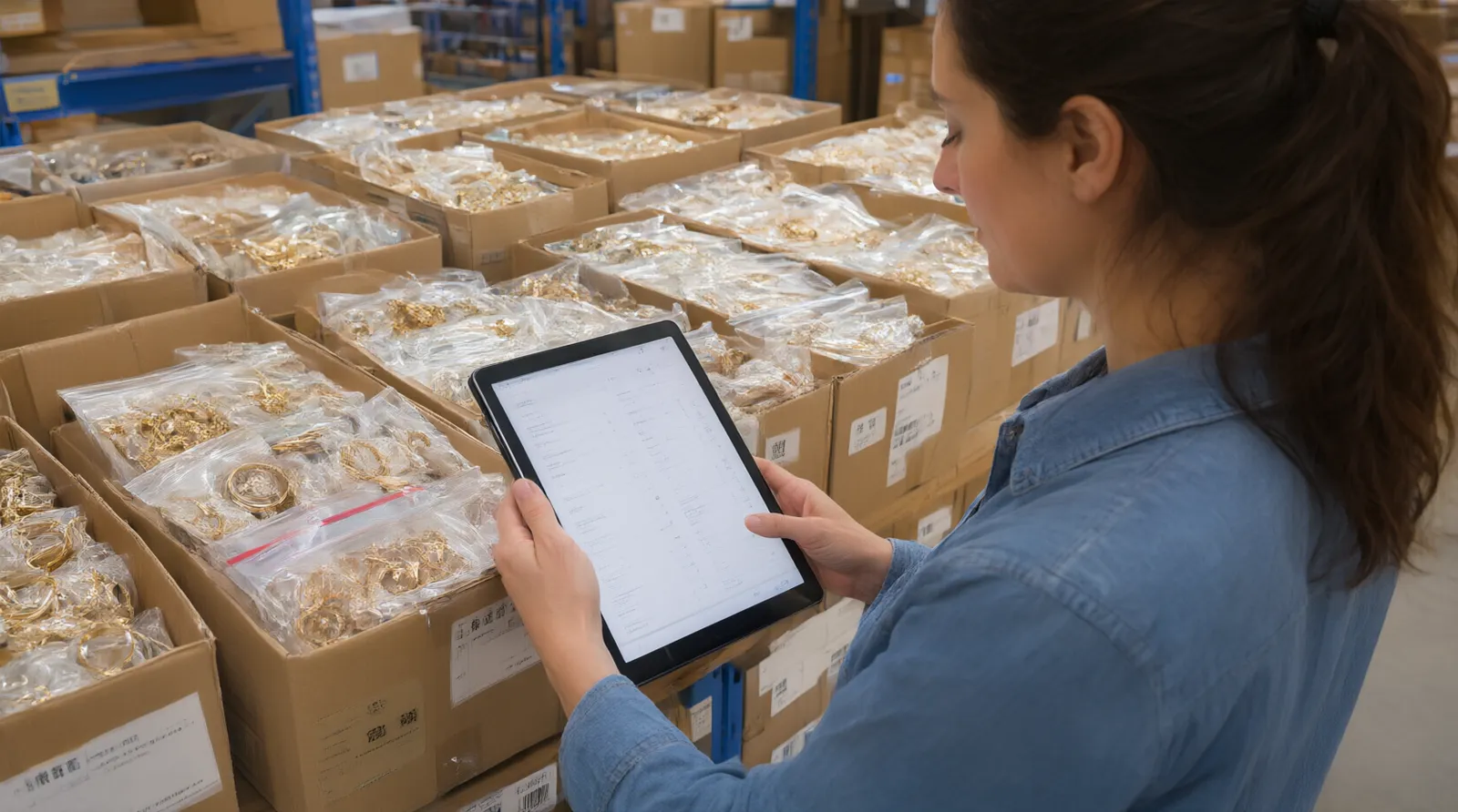 schmuck online kaufen - Photorealistic over-the-shoulder shot of a warehouse manager inspecting a shipment of individually poly-bagged drop earrings and necklace sets in labeled cardboard cartons, checking items against a digital tablet list, bright industrial lighting, documentary feel