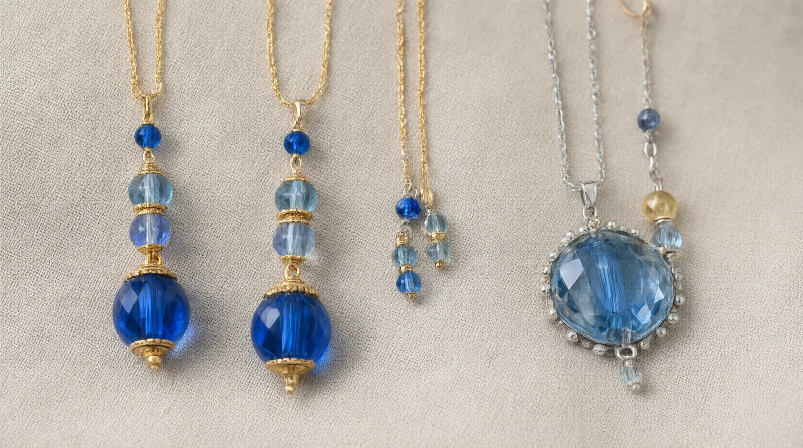 pendientes azules - Fotografía editorial mostrando una selección de pendientes azules largos tipo gota y broche sobre un fondo neutro, destacando variaciones en acabados bañados en oro y rodio, cuentas de vidrio bicolor y cristales facetados