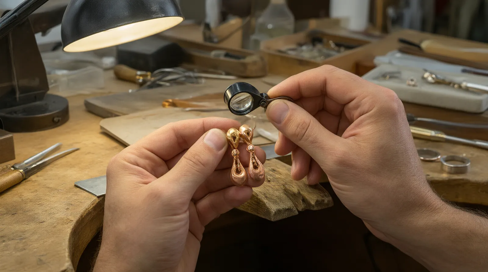 custom jewelry - A photorealistic close-up of a quality control inspector at a well-lit workbench examining a batch of gold-plated copper drop earrings with a loupe, verifying stone settings and plating consistency before packaging for export