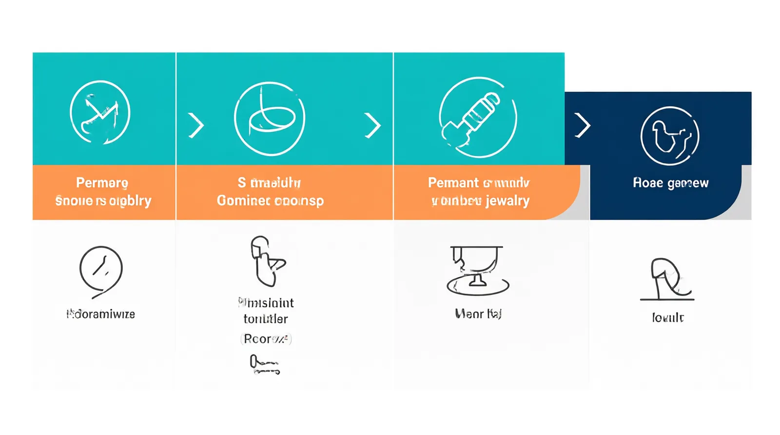 permanent jewelry - Clean flat-design infographic showing the four-stage sourcing workflow for permanent jewelry: Factory Shortlisting, Sample Testing, MOQ Negotiation, and Repeat Fulfillment. Distinct teal, orange, gray, and navy color zones with simple line icons for each stage, white background