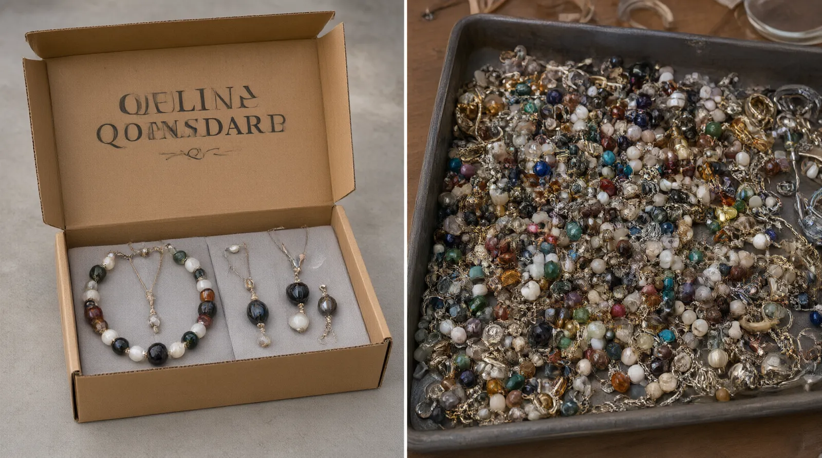 custom jewelry - An editorial photo comparing a neatly organized, QC-approved export carton of matching two-tone glass bead necklace and earring sets on the left, with a disorganized tray of mixed-quality wholesale marketplace jewelry on the right, illustrating the value of standardized manufacturing