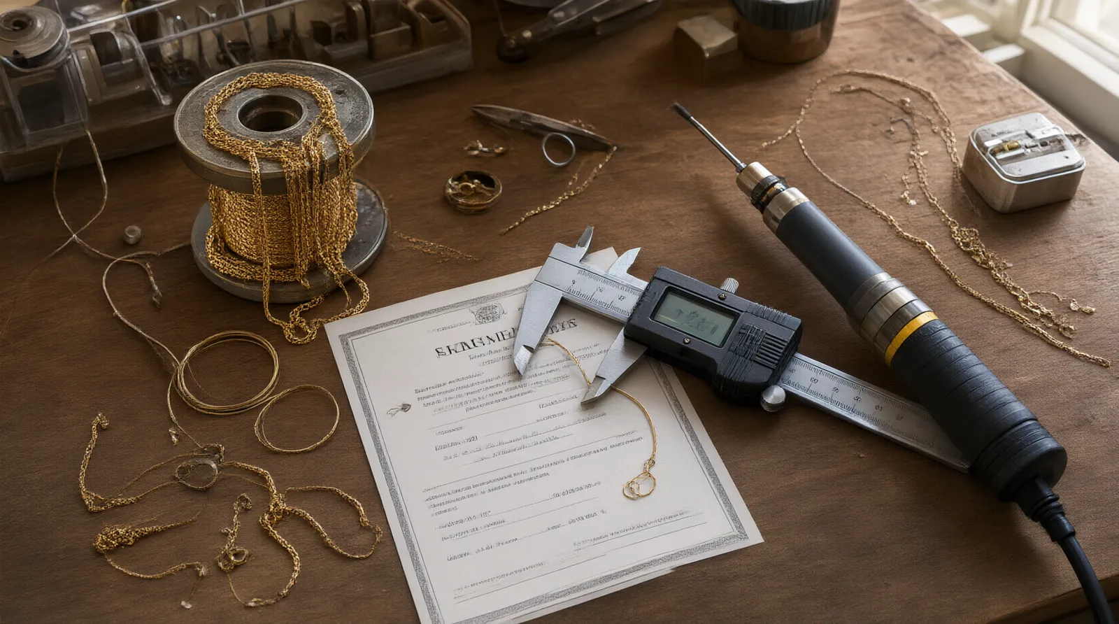 permanent jewelry - Top-down editorial photo of a jeweler's workbench: a wooden spool wrapped in fine gold-filled chain for permanent jewelry, a digital caliper measuring the wire gauge, a printed SGS compliance certificate, and a micro-welder wand resting nearby, natural window light, authentic working environment