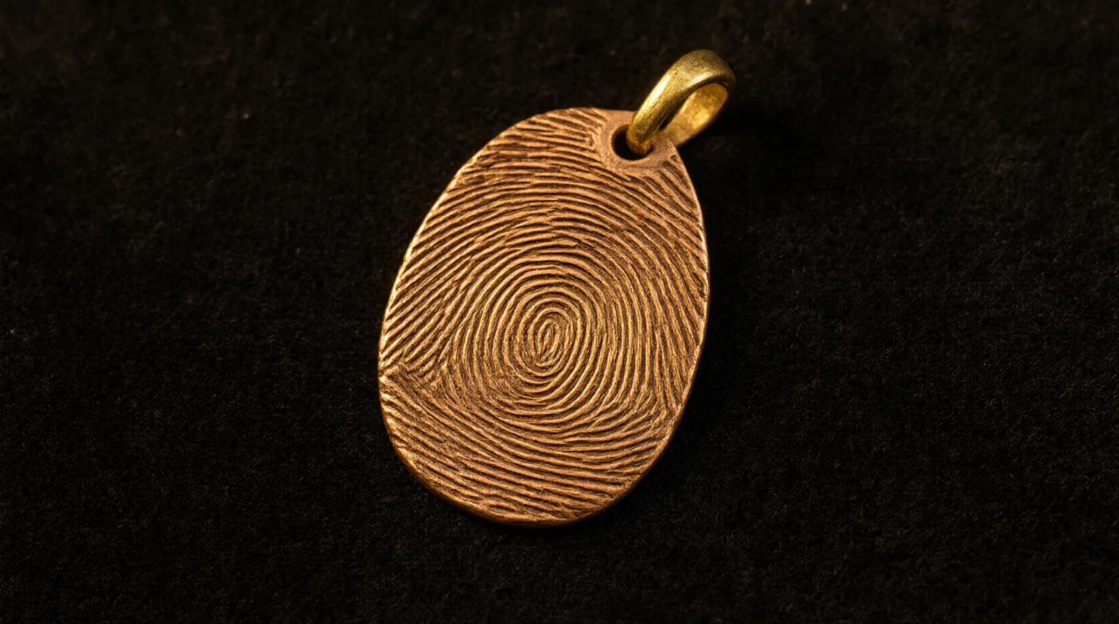 fingerabdruck schmuck - Photorealistic close-up shot of a gold-plated copper pendant resting on dark velvet, showing a deeply engraved fingerprint texture catching warm directional light, shallow depth of field, documentary product photography style