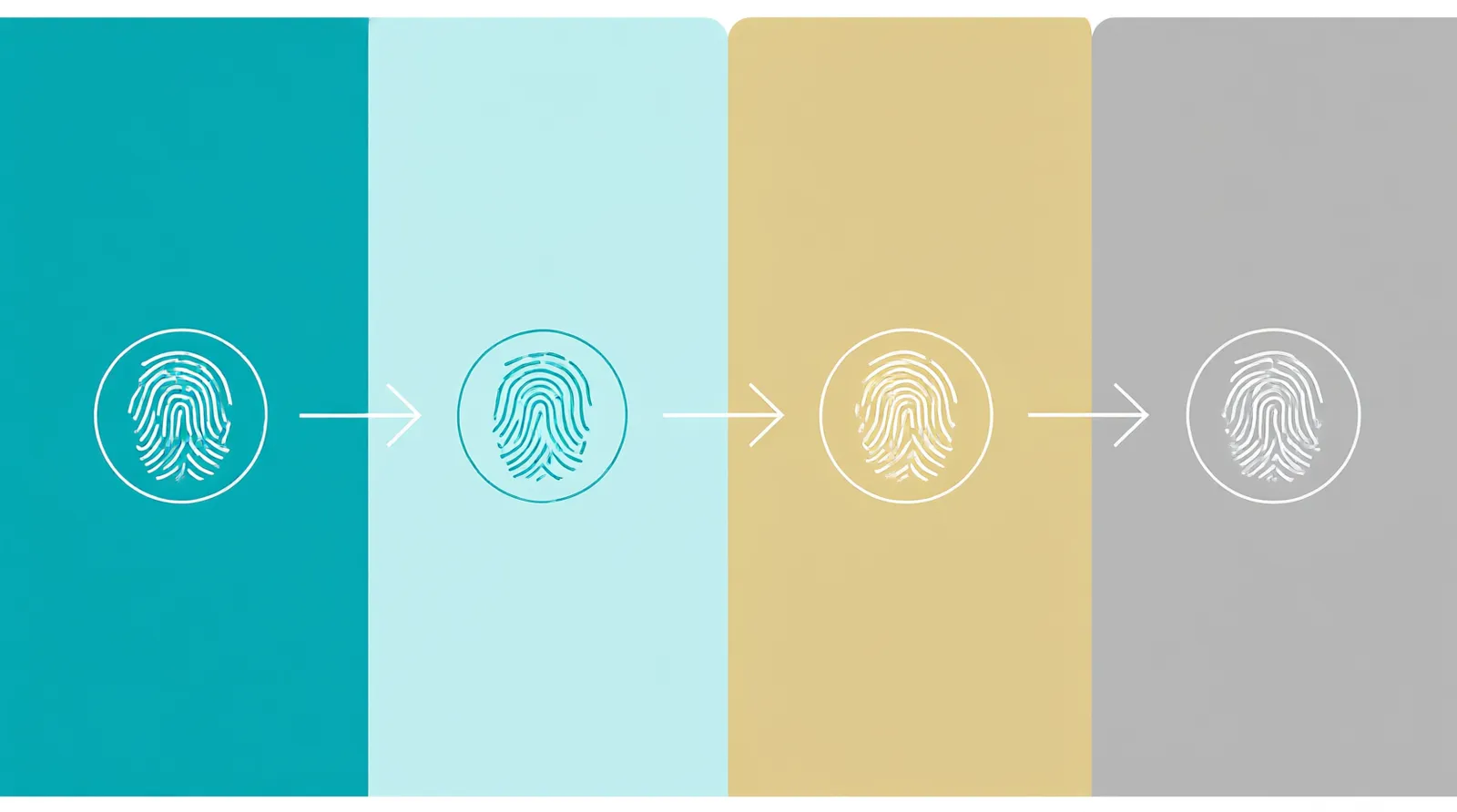 fingerabdruck schmuck - Clean flat-design infographic showing the B2B sourcing workflow for custom fingerprint jewelry, four distinct color zones (teal, gold, gray, white) representing Design Submission, OEM Manufacturing, QC Inspection, and Global Shipping, simple icons for each stage, no text labels
