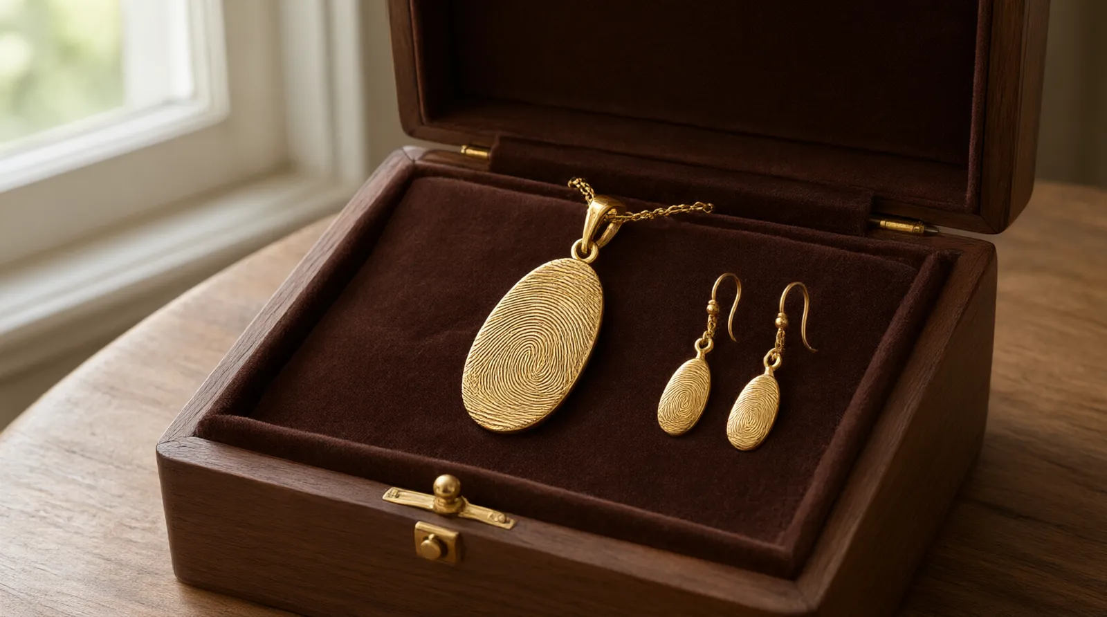 fingerabdruck schmuck - Editorial conceptual photo of a premium jewelry storage setup, an open velvet-lined wooden box with dedicated compartments holding a fingerprint-engraved gold pendant and matching drop earrings, soft natural window light from the left, authentic lifestyle setting