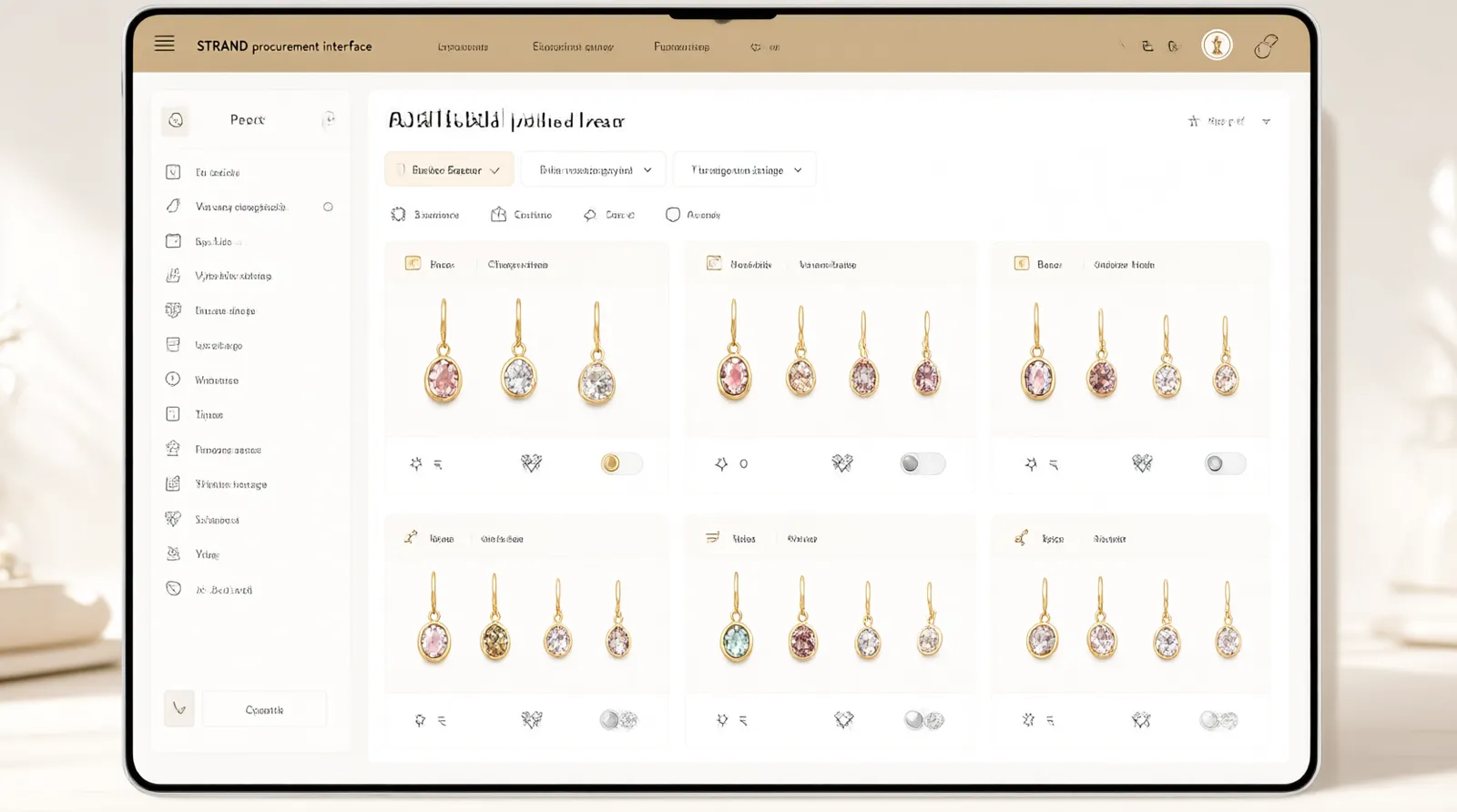 مصنع مخاوير بالجملة - واجهة مستخدم (UI Mockup) لكتالوج رقمي يعرض تصاميم أقراط وأطقم مجوهرات مع فلاتر للبحث حسب نوع الطلاء (ذهب/روديوم) ونوع الحجر، لتوضيح سهولة اختيار التصاميم للمشتري