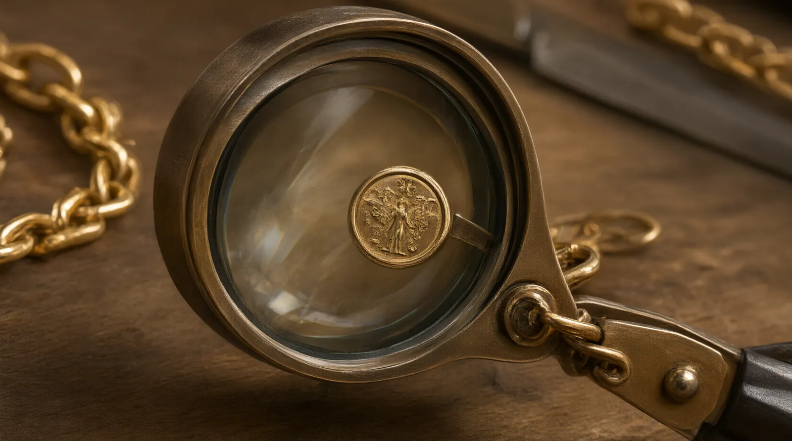 luxury jewelry - Close-up photorealistic macro shot of a jeweler's loupe inspecting the hallmark stamp on a 14k gold chain link, highlighting quality control in luxury jewelry manufacturing