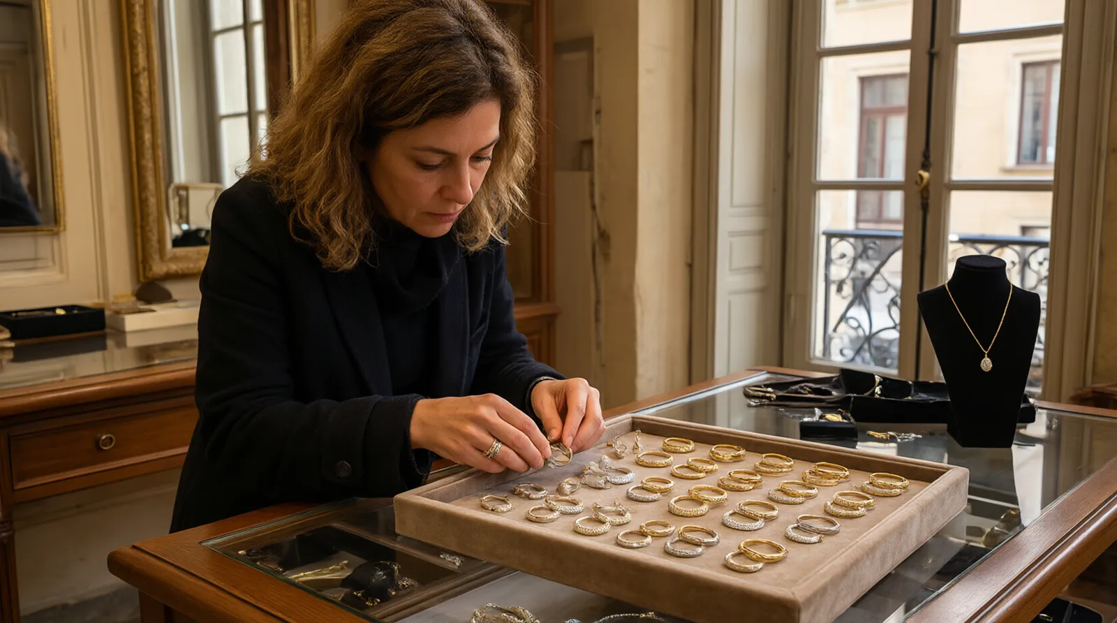 pendientes aros dorados - Escena fotorrealista de un comprador profesional en un showroom en España examinando muestras de pendientes aros dorados con diferentes acabados (oro, rodio, cristales), revisando fichas técnicas de cumplimiento REACH
