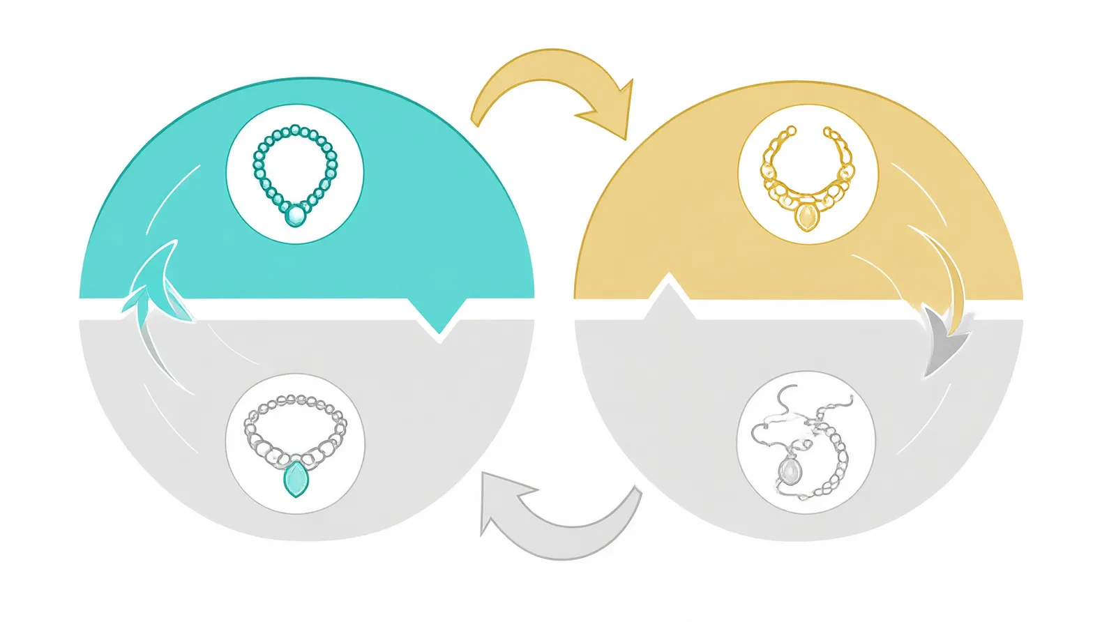 schmuck gebraucht - Clean flat-design infographic showing a circular workflow with four stages: analyzing secondhand market prices, selecting materials like rhodium-plated copper or glass beads, ordering samples via OEM, and shipping to DTC stores, distinct teal/gold/gray color zones, white background
