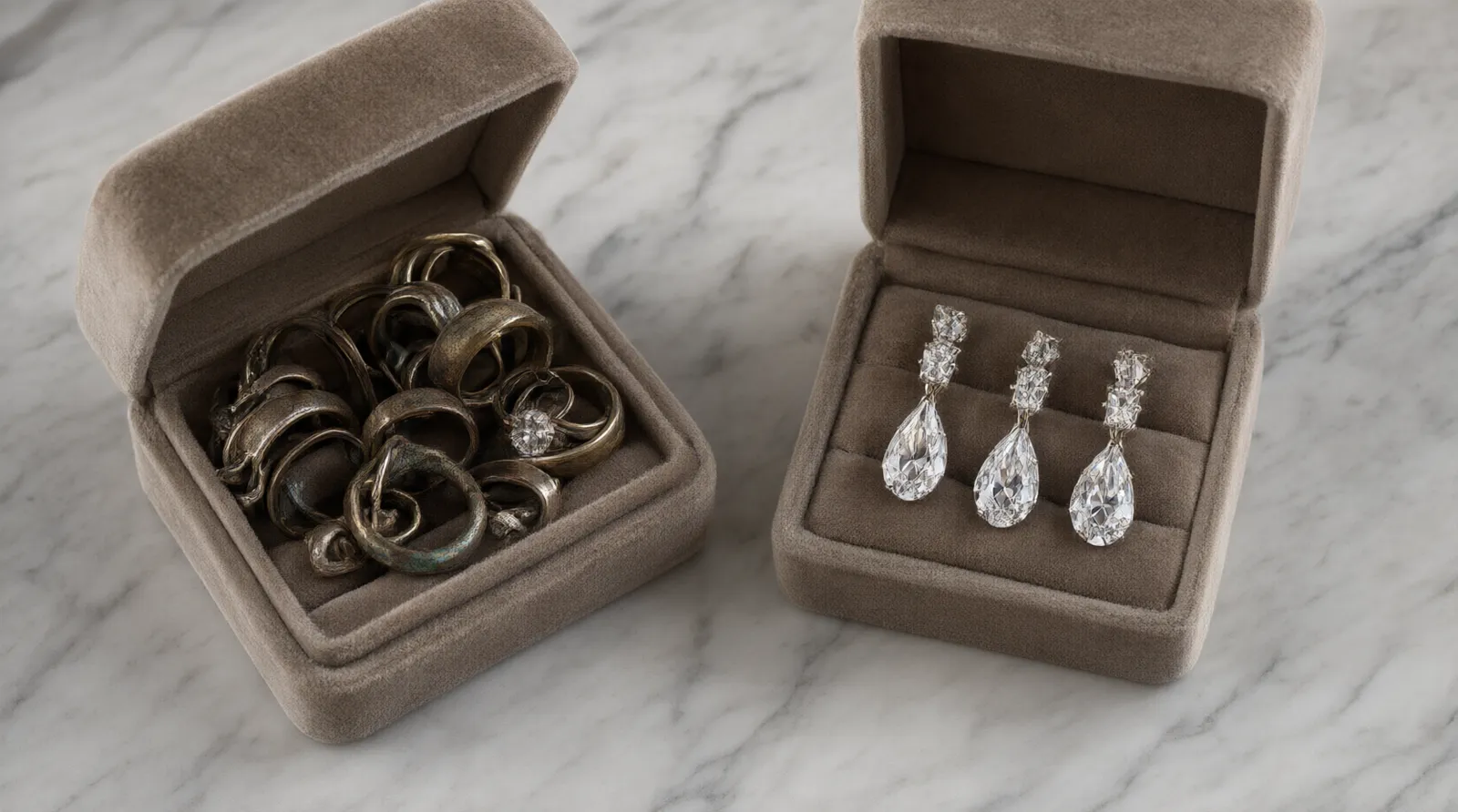 schmuck gebraucht - Editorial conceptual photo showing two velvet-lined jewelry boxes side by side on a marble surface: one open box contains tarnished, mixed secondhand rings and chains, the other holds neatly arranged, matching new gradient crystal drop earrings, soft directional studio lighting highlighting the contrast in condition