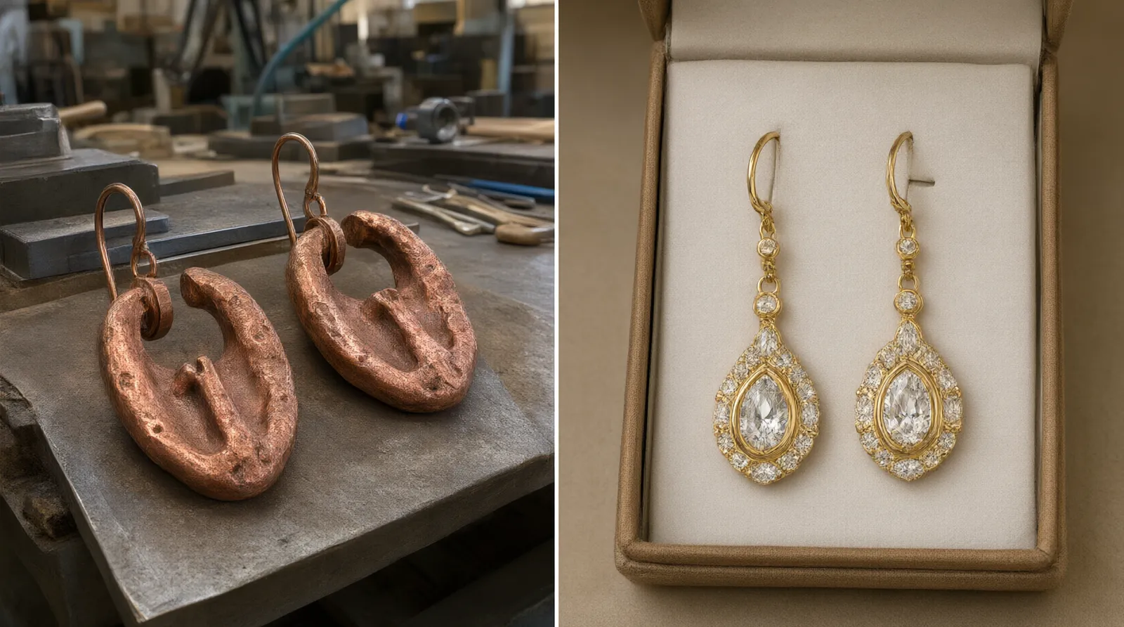 custom jewelry - A photorealistic split-screen showing a raw copper earring casting on a factory workbench on the left, and the finished gold-plated gradient crystal drop earring packaged for retail on the right