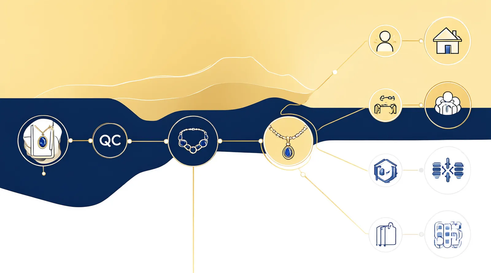 custom jewelry - An annotated diagram illustrating the cross-border custom jewelry supply chain, highlighting nodes for design approval, EXW/FOB handoff, in-house QC inspection, and air/sea/express shipping routes to the US, EU, UK, and MENA