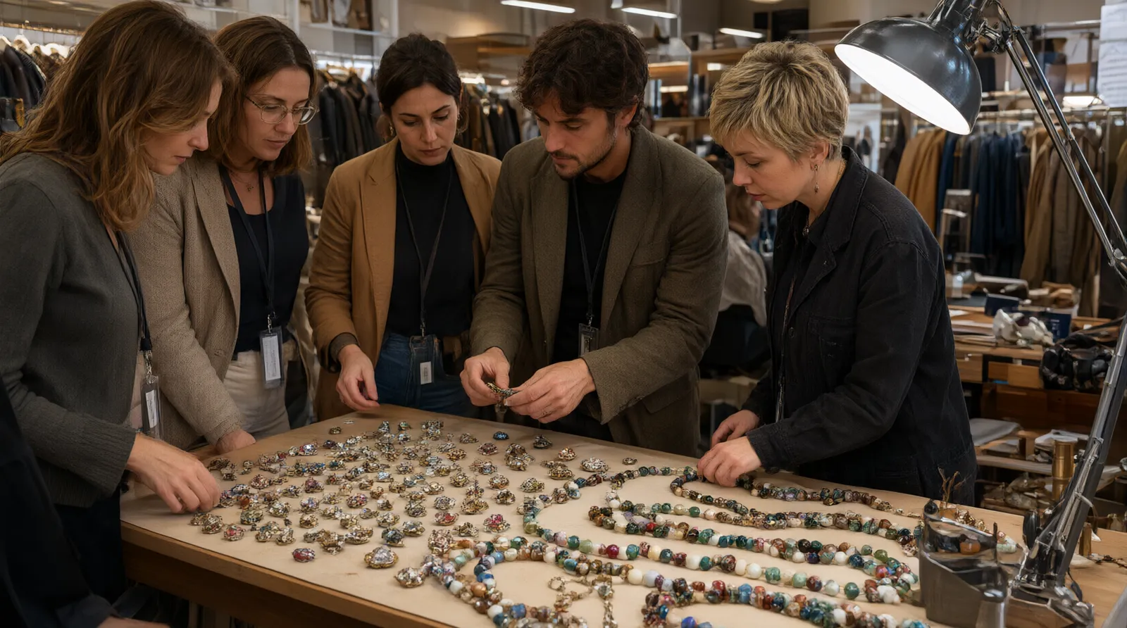 custom jewelry - An editorial photo of a multilingual procurement team reviewing physical samples of vintage rhinestone stud earrings and two-tone glass bead necklaces under daylight-balanced lamps in a Hangzhou showroom