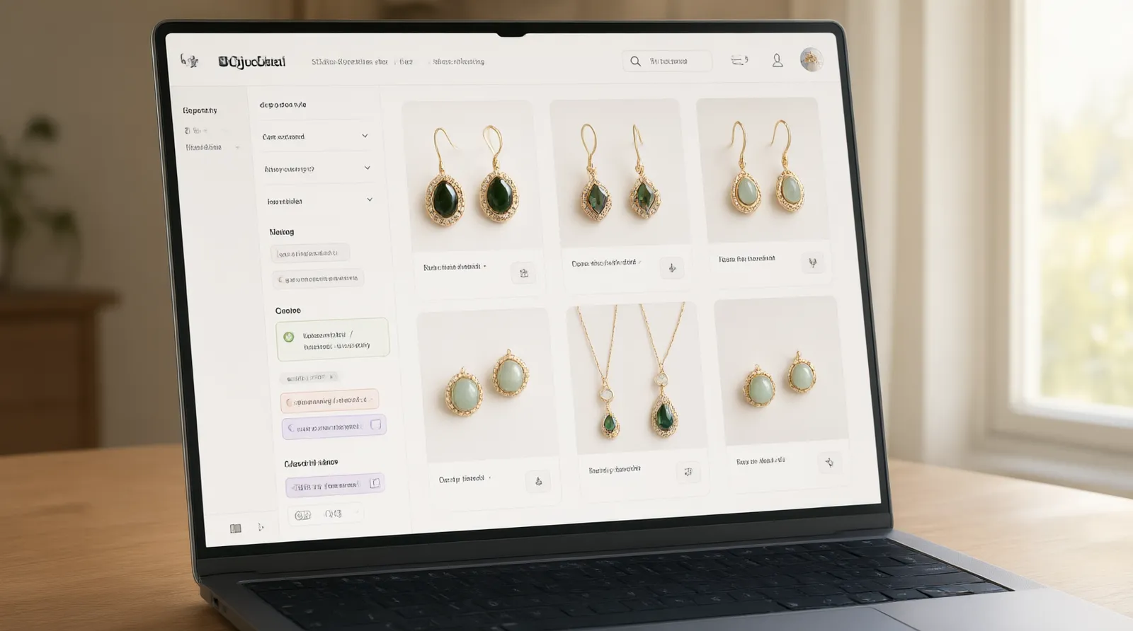 rabat joyería - Mockup de interfaz de usuario anotado mostrando un catálogo digital de 114 estilos de aretes y collares, destacando filtros por material (cobre bañado, vidrio) y etiquetas de MOQ de 12 piezas