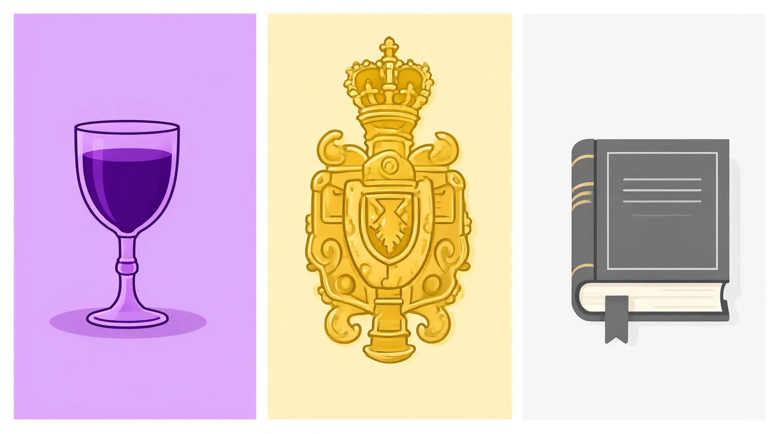 amethyst bedeutung - Clean flat-design infographic showing three historical eras of amethyst significance: Ancient Greece with a wine goblet icon, Biblical times with a breastplate icon, and 18th-century Europe with a book icon, distinct purple/gold/gray color zones, white background