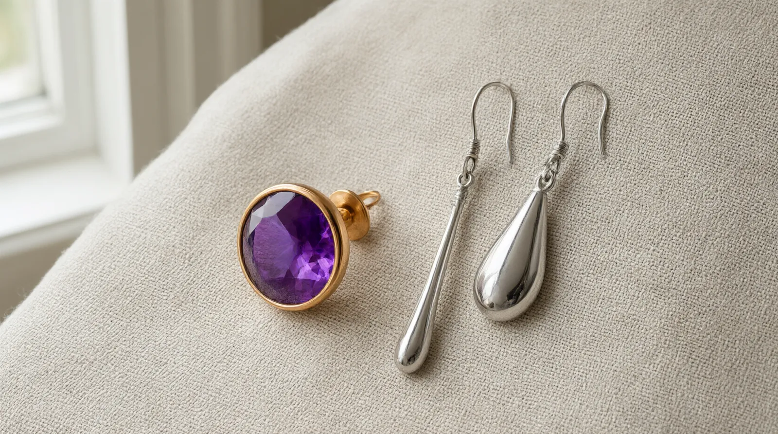 amethyst bedeutung - Editorial conceptual photo of two jewelry pieces side-by-side on a textured linen cloth: a faceted amethyst stud earring in gold-plated copper next to a rhodium-plated drop earring with gradient glass beads, soft natural window light from the left, authentic product styling