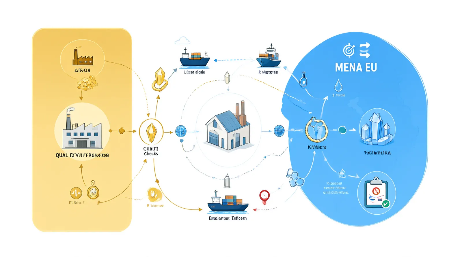 كريستال - رسم تخطيطي توضيحي (Diagram) يشرح سلسلة التوريد من ورش التصنيع في الصين إلى المشتري النهائي في منطقة الشرق الأوسط وأوروبا، موضحاً نقاط فحص الجودة، خيارات الشحن، وطرق الدفع المتاحة