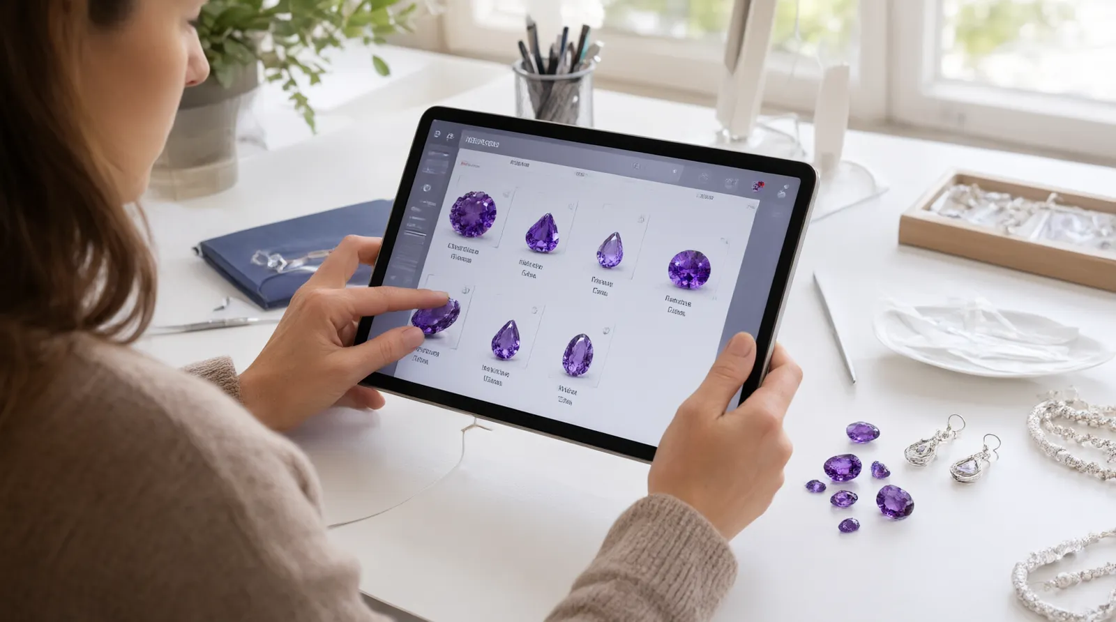 amethyst bedeutung - Photorealistic over-the-shoulder shot of a procurement manager reviewing a digital stock catalog of amethyst jewelry on a tablet, sitting at a bright office desk with fabric swatches and sample earrings scattered nearby, documentary photography