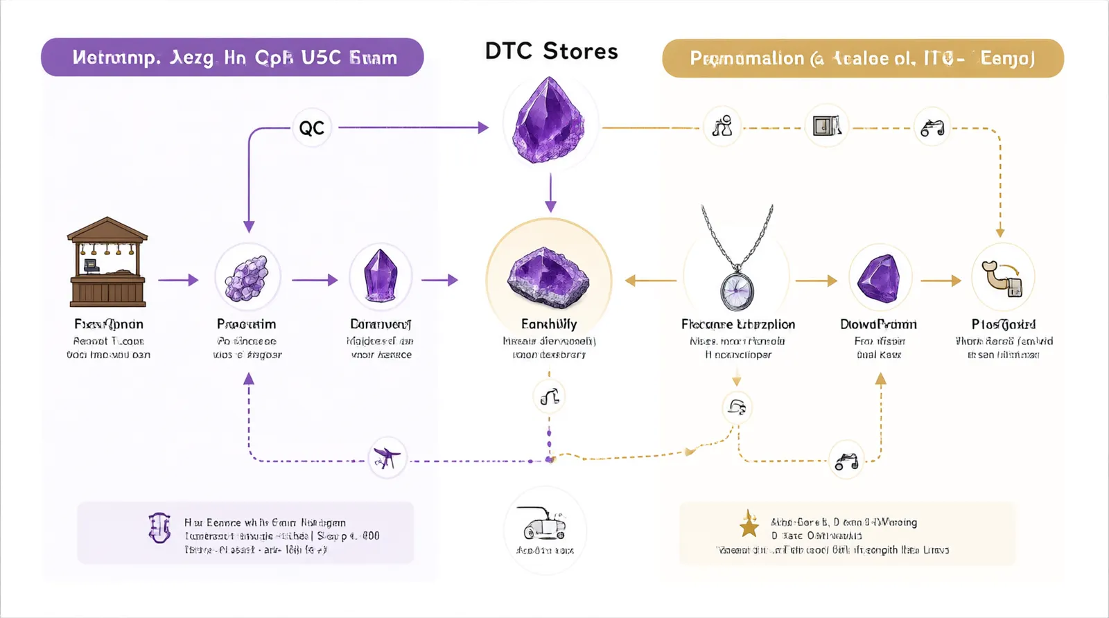 amethyst bedeutung - Informational diagram showing the supply chain flow for sourcing amethyst jewelry: starting from vetted workshops in Hangzhou, passing through internal QC inspection, splitting into air/sea/express shipping routes, and ending at DTC stores in US/EU/MENA, clean flat design with purple and gold accents