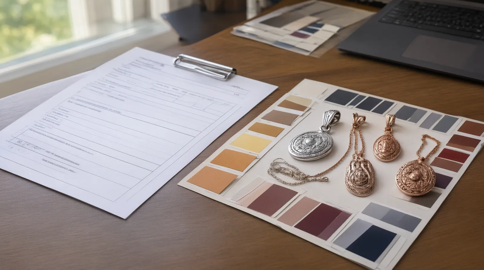 pendentif argent femme - Scène photoréaliste d'un bureau d'approvisionnement avec des échantillons de pendentifs (argent massif vs cuivre plaqué rhodium) disposés sur un nuancier Pantone et un formulaire de contrôle qualité