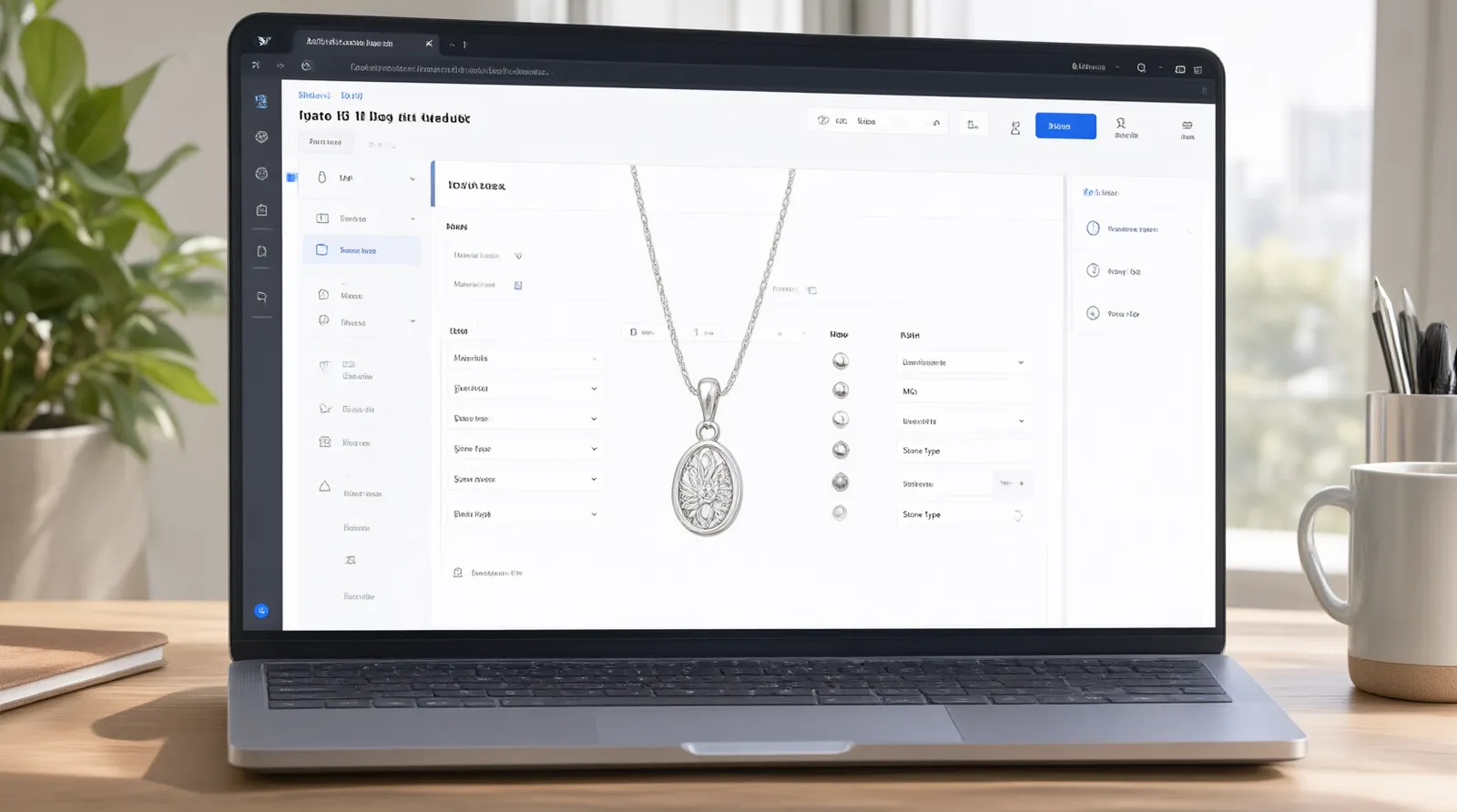 pendentif argent femme - Interface utilisateur simulée d'un portail B2B montrant un filtre de recherche pour des pendentifs avec options de sélection de matériau (cuivre rhodié, argent 925), de MOQ et de type de pierre