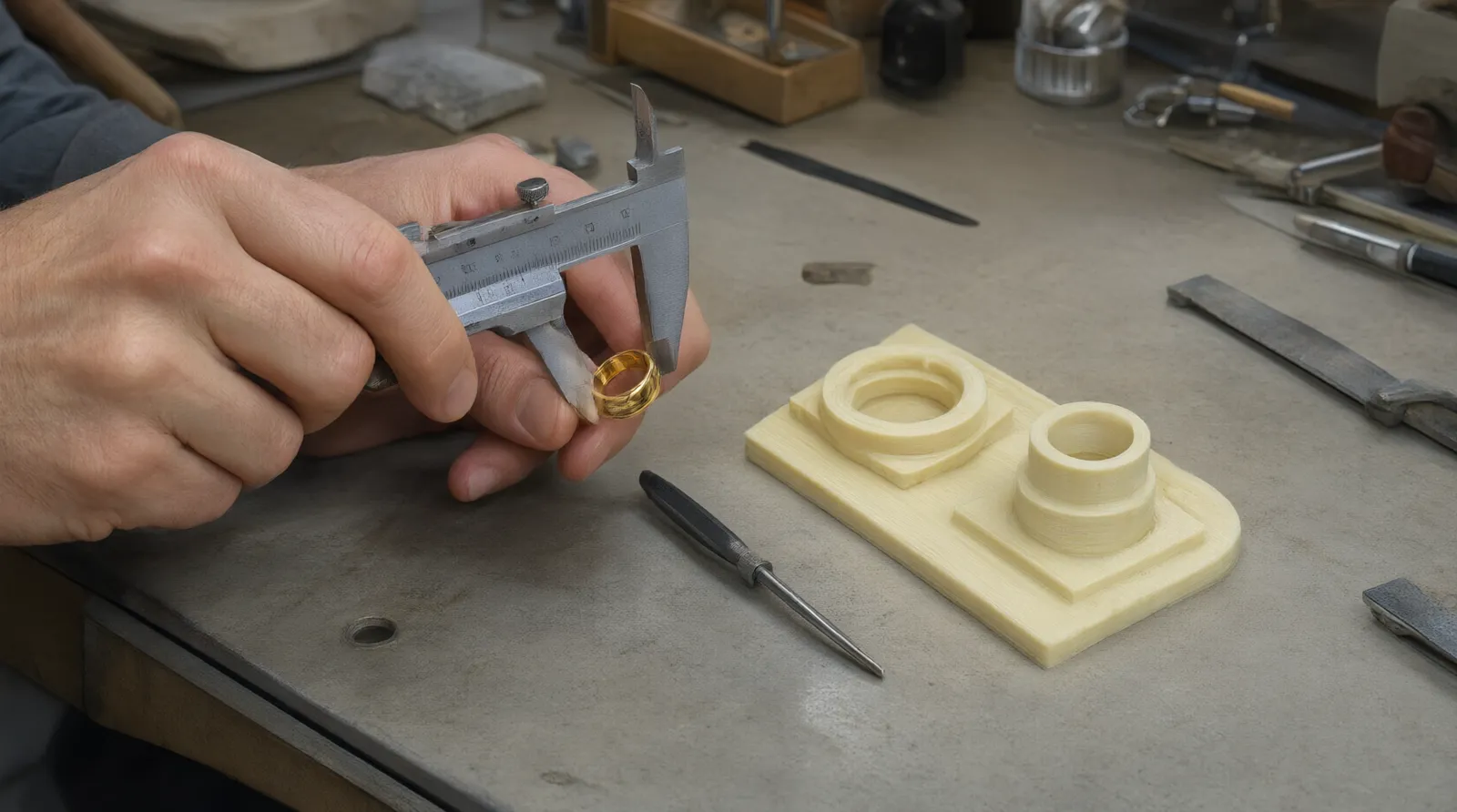 custom jewelry - Photorealistic scene of a Chinese factory workbench showing a jeweler using calipers to measure a custom gold ring next to an approved 3D-printed resin prototype and a digital spec sheet