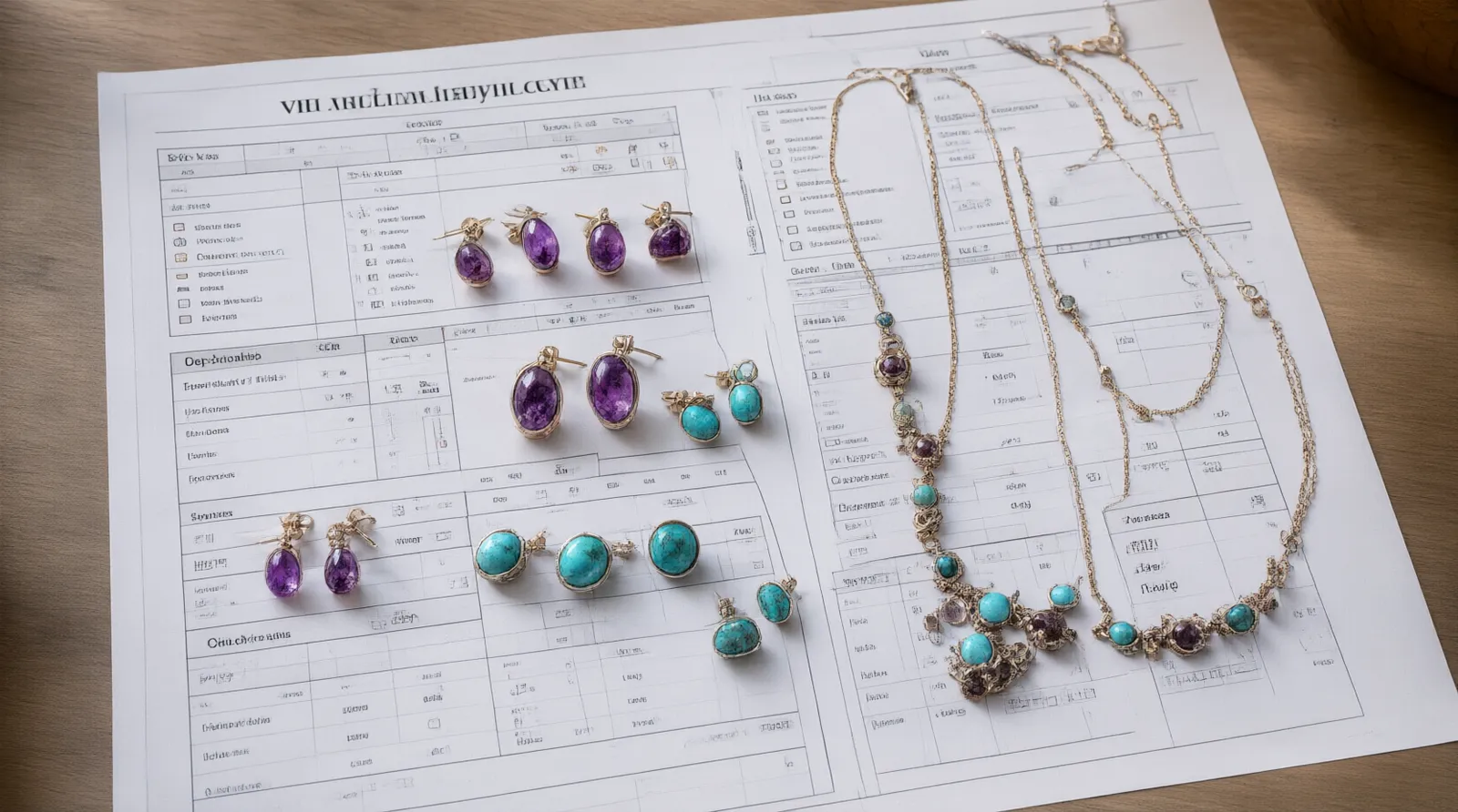 custom jewelry - Editorial photo showing a curated flat lay of fashion jewelry—including stud earrings, necklace sets, and loose gemstones like amethyst and turquoise—arranged on a procurement spec sheet