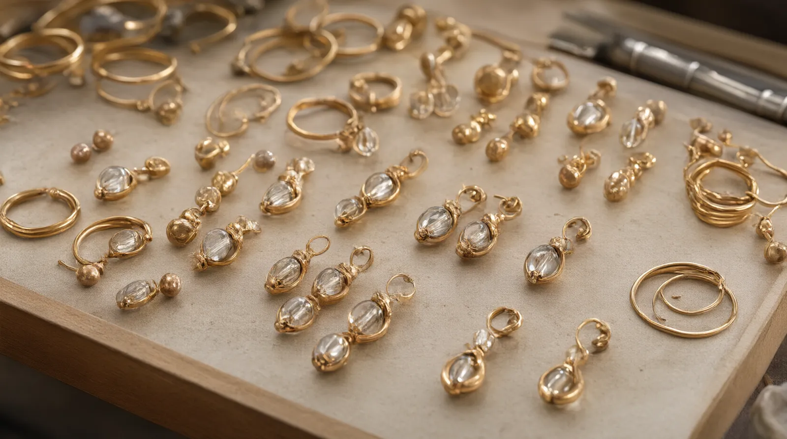 modeschmuck ohrringe - Nahaufnahme eines Sortiertisches in einem Schmucklager, auf dem verschiedene Tropfenohrringe, Stecker und Creolen aus vergoldetem Kupfer und Glasperlen für die Qualitätskontrolle ausgebreitet liegen
