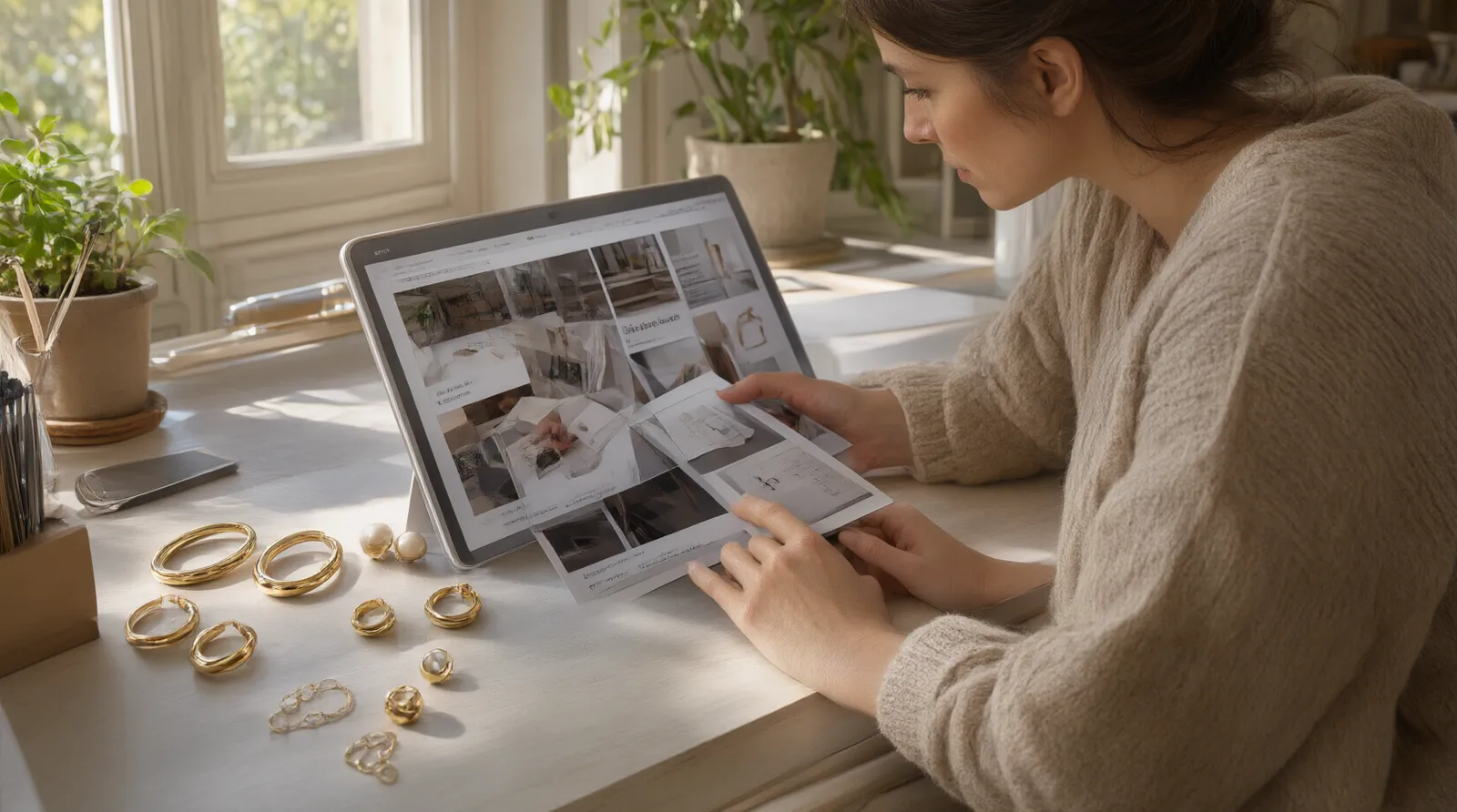 modeschmuck ohrringe - Fotorealistische Szene einer Einkäuferin, die auf einem Tablet den digitalen Katalog eines Schmucklieferanten durchblättert, während physische Muster von Creolen und Stecker-Ohrringen auf dem Schreibtisch daneben liegen