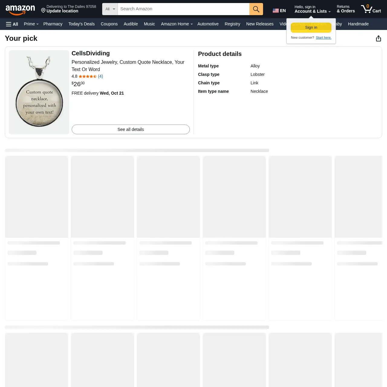 Amazon personalized custom quote necklace listing interface