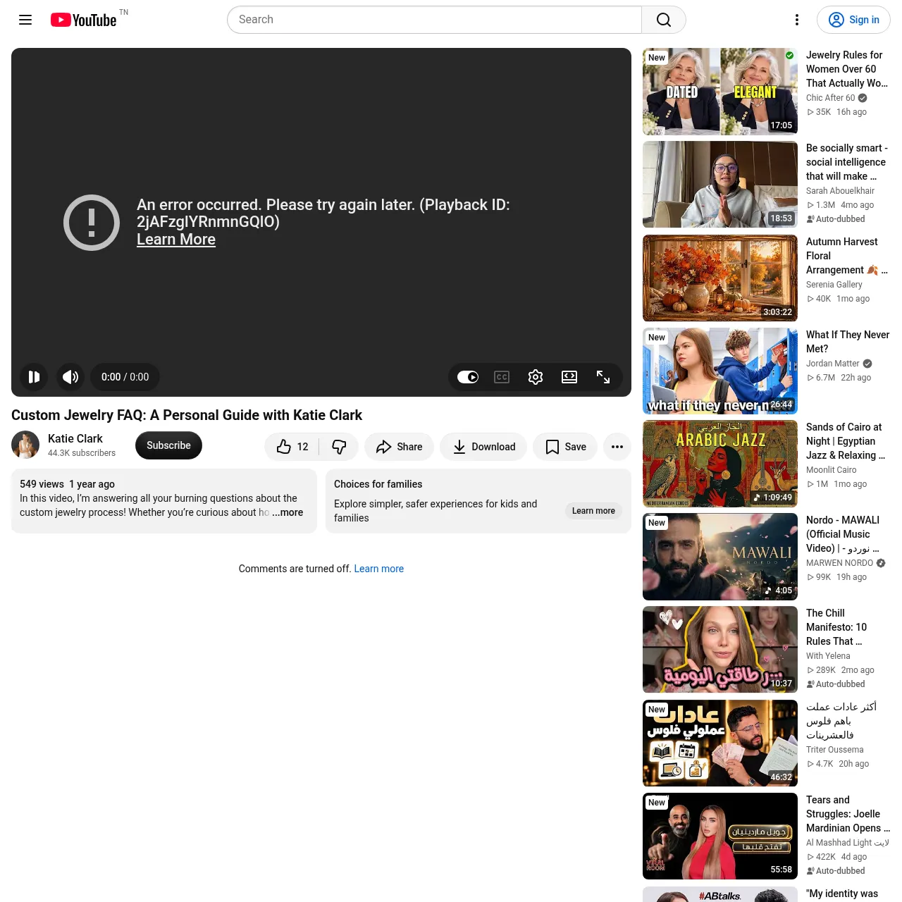 YouTube video interface for Custom Jewelry FAQ with Katie Clark