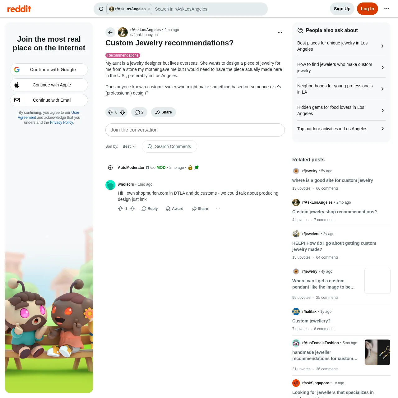 Reddit r/AskLosAngeles custom jewelry recommendations thread interface