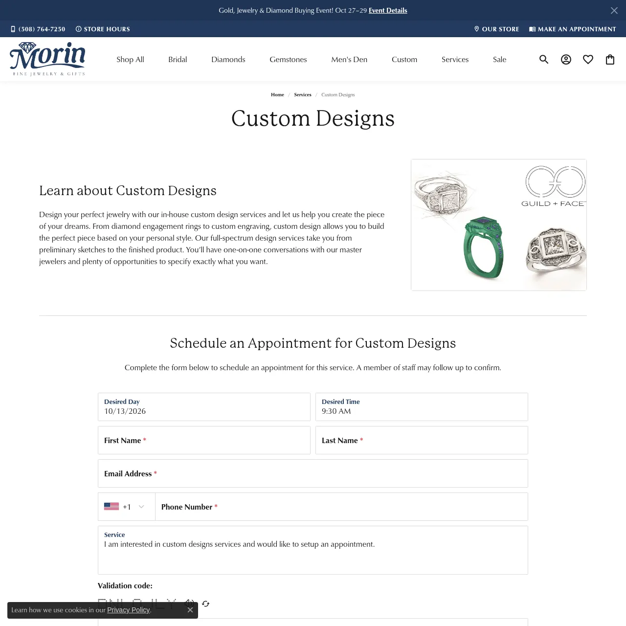Morin Jewelers custom designs service page interface