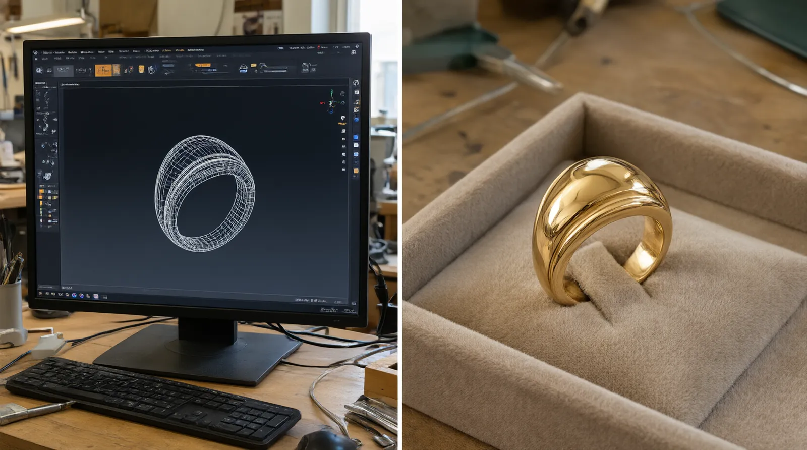 women's custom jewelry - A split-screen photorealistic scene showing raw CAD jewelry designs on a monitor on the left, and the finished polished gold custom rings resting on a velvet display tray on the right, illustrating the manufacturing journey